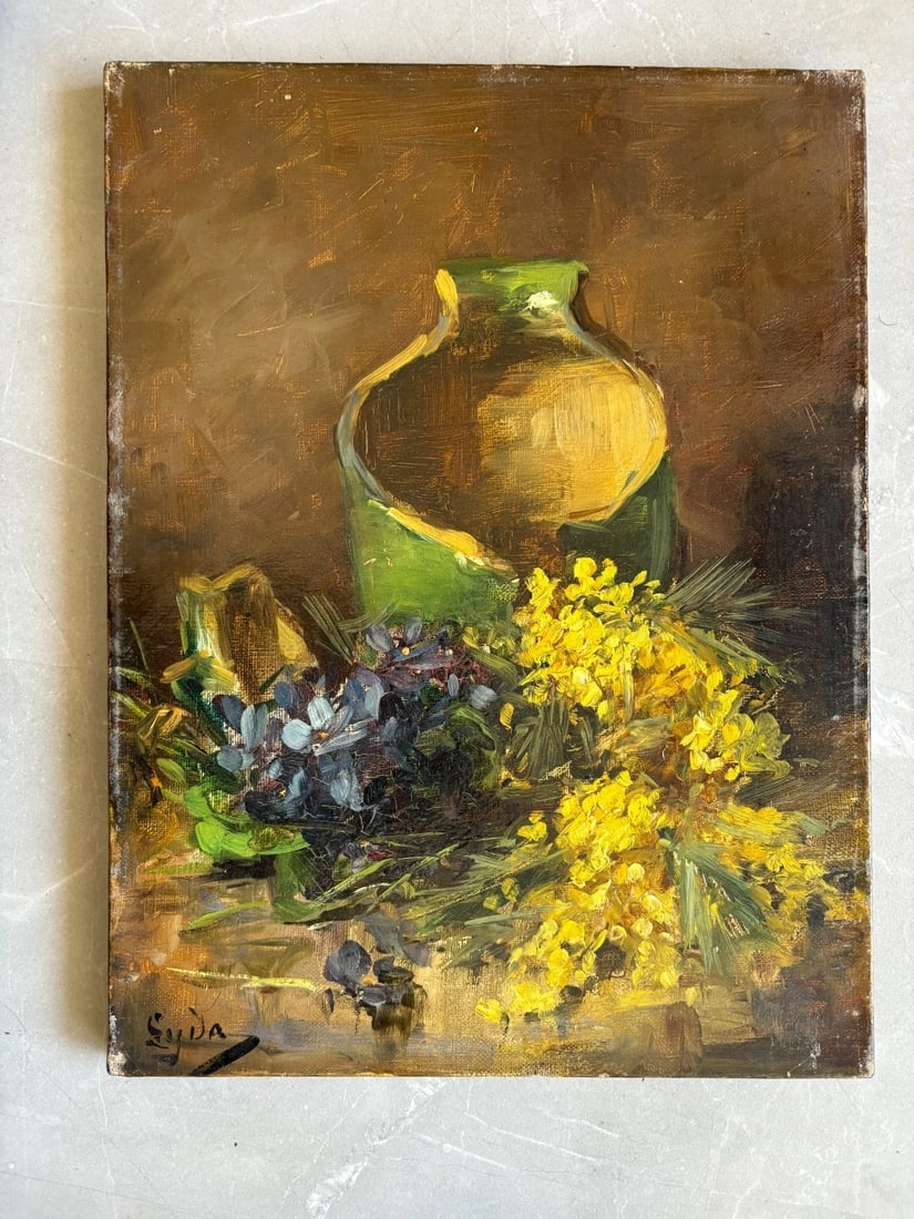 Antique Painting Original Still Life, Flowers, Pichet, signed 19th century - 2