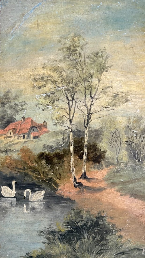 Antique Painting Landscape, Trees, River, Swans, Village 1903: Description Oil on wood 30 x 12 cm / 11.81 x 4.72 inches signed on the back Reserve: $180.00 Shipping: Domestic: Flat-rate of $45.00 to anywhere within the contiguous U.S. International: Foreign