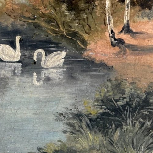 Antique Painting Landscape, Trees, River, Swans, Village 1903 - 3