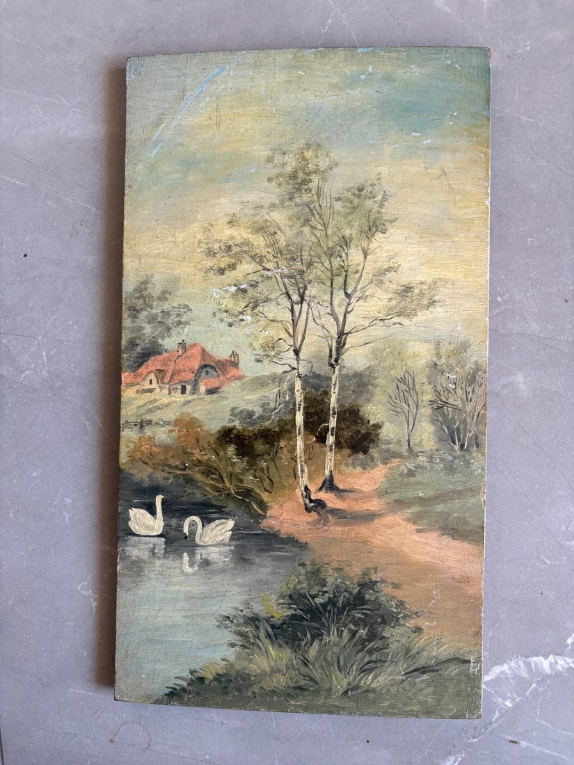Antique Painting Landscape, Trees, River, Swans, Village 1903 - 6