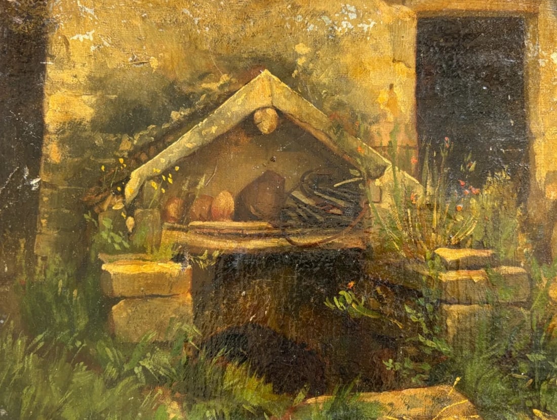 Antique Original Painting FirePlace, House, Garden 19th century: Oil on canvas 30 x 23 cm / 11.81 x 9.05 inches old restauration Reserve: $400.00 Shipping: Domestic: Flat-rate of $45.00 to anywhere within the contiguous U.S. International: Foreign shipping rates
