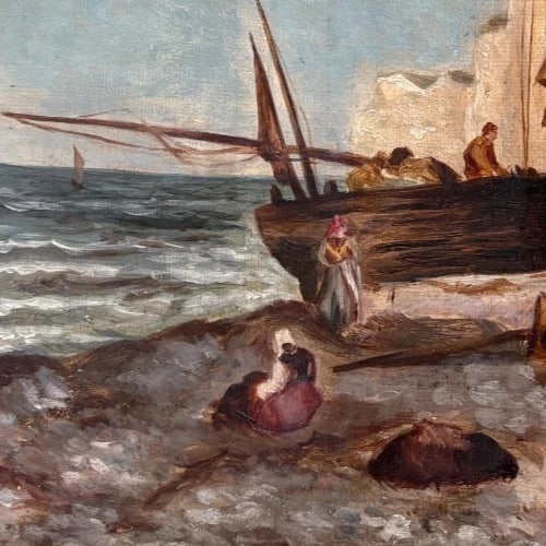 Antique Original Painting Landscape, Maritime, Boats, Sea, Waves signed - 3