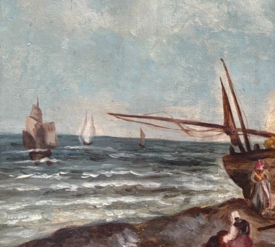 Antique Original Painting Landscape, Maritime, Boats, Sea, Waves signed - 4