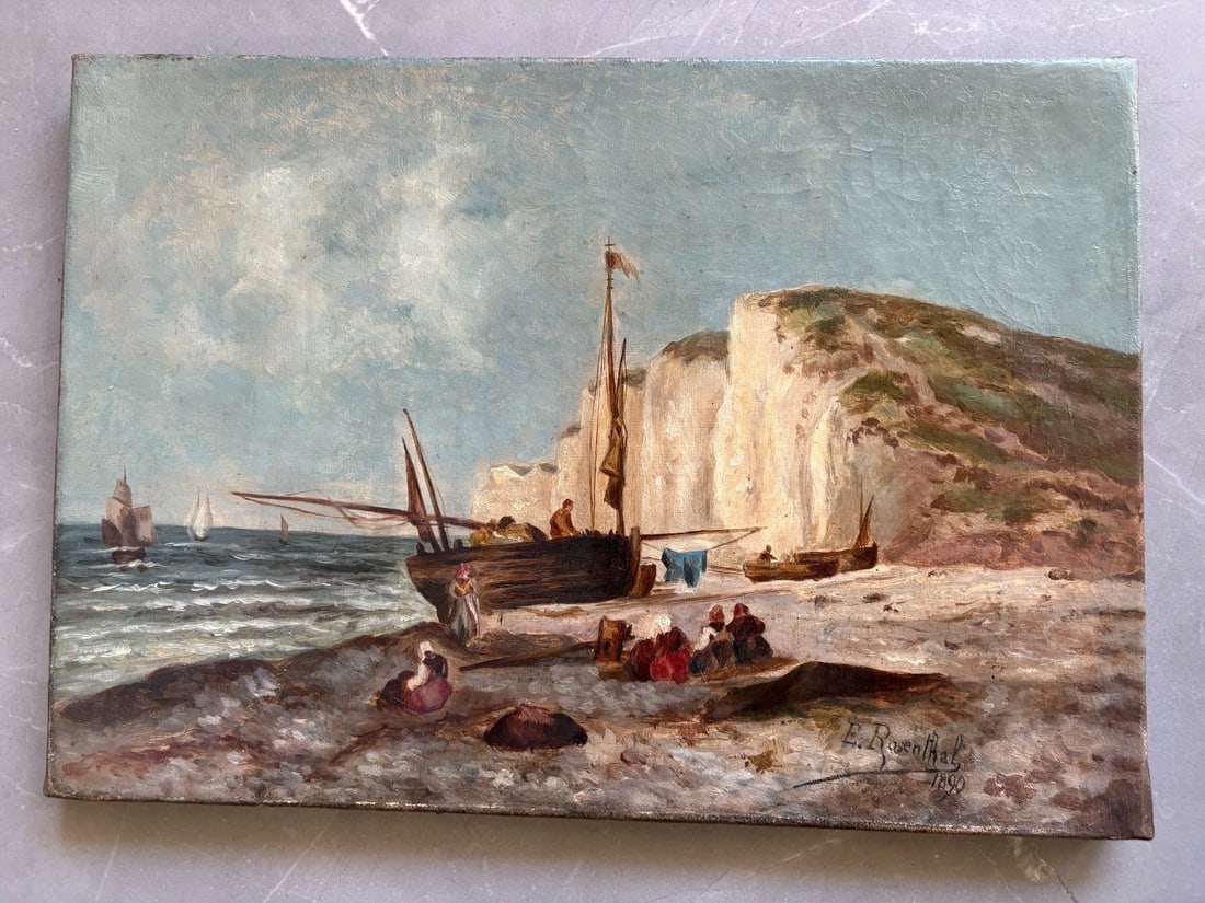Antique Original Painting Landscape, Maritime, Boats, Sea, Waves signed - 6