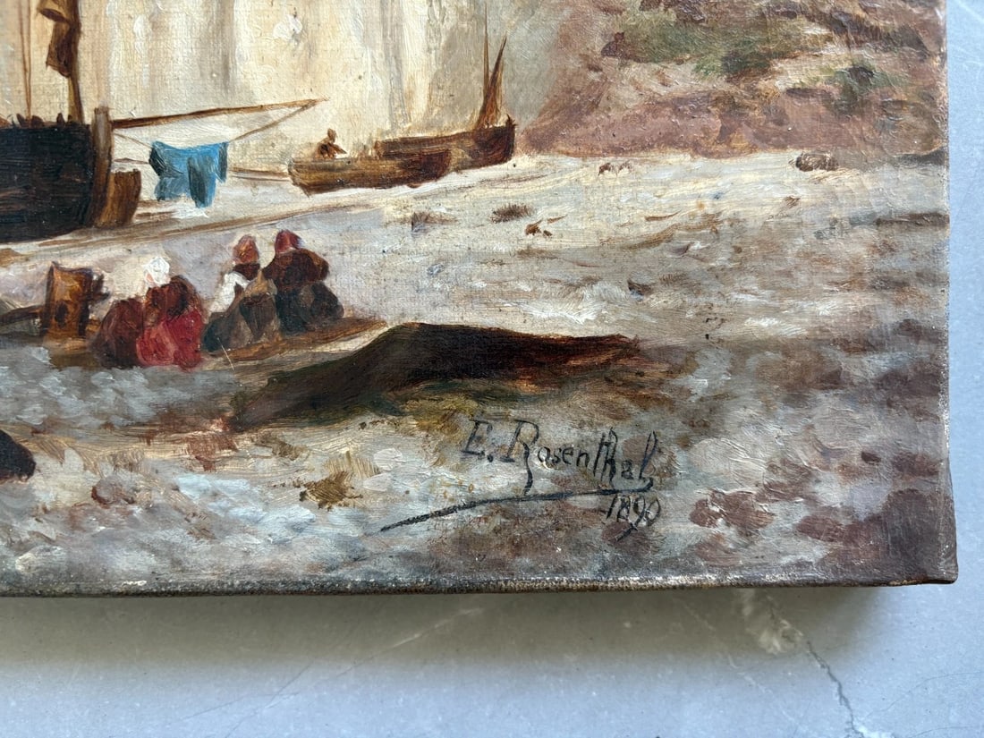 Antique Original Painting Landscape, Maritime, Boats, Sea, Waves signed - 7