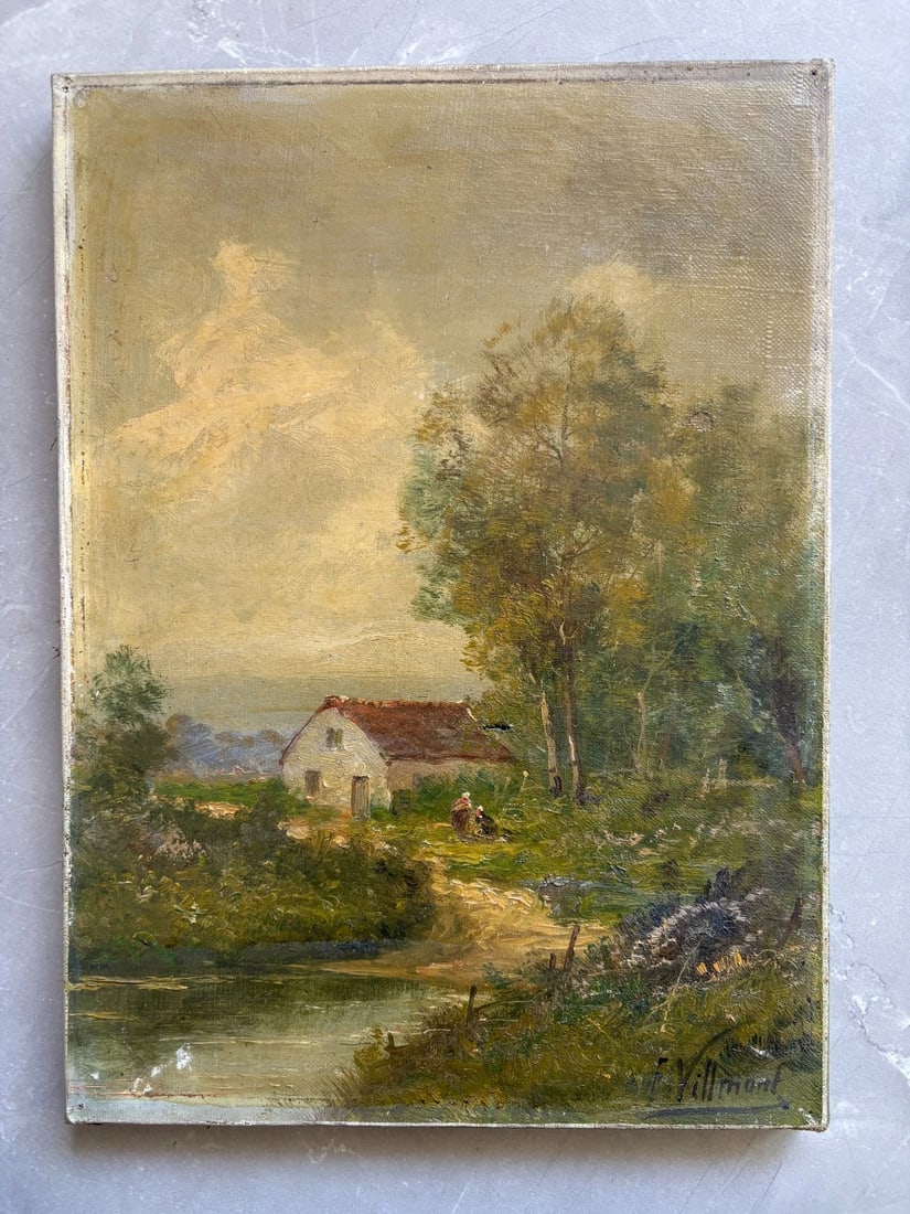 Antique Painting 19th century Landscape, House, People, Trees signed - 2