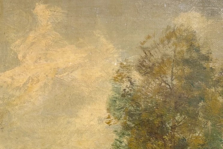 Antique Painting 19th century Landscape, House, People, Trees signed - 5