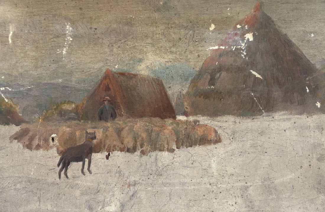 Antique Original Painting Landscape Winter Dog, Sheeps: Description Oil on canvas 22 x 33 cm holes Reserve: $180.00 Shipping: Domestic: Flat-rate of $45.00 to anywhere within the contiguous U.S. International: Foreign shipping rates are determined by