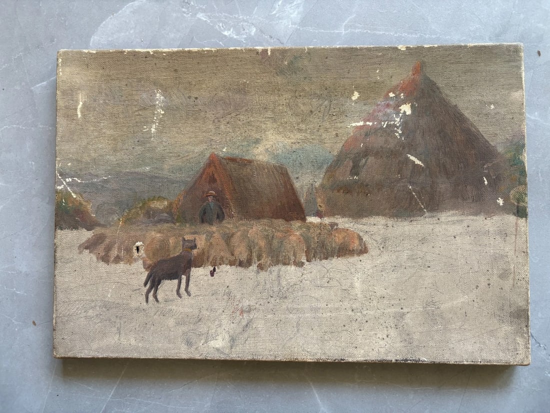 Antique Original Painting Landscape Winter Dog, Sheeps - 2