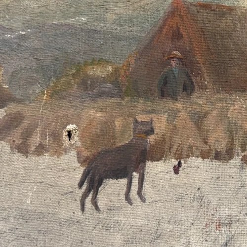 Antique Original Painting Landscape Winter Dog, Sheeps - 3