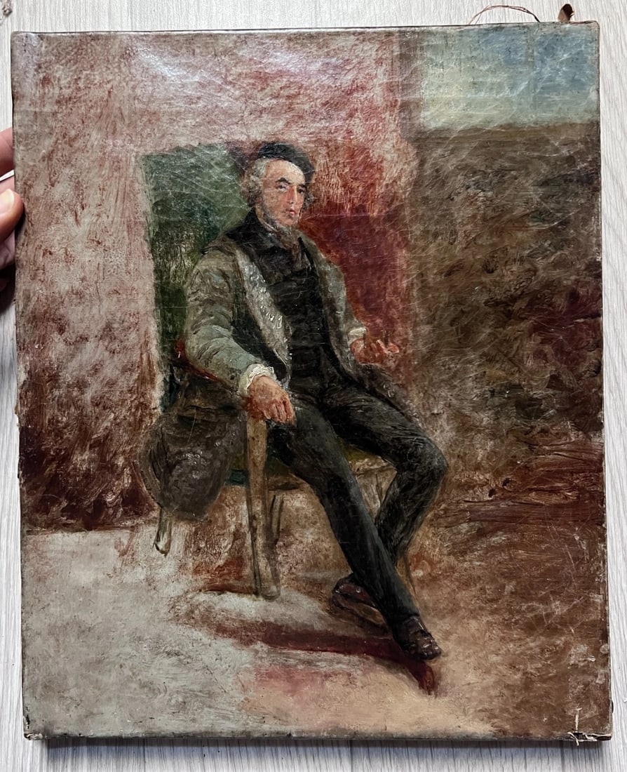 Antique Oil Original Painting Man Portrait Sitting on a Chair - 6