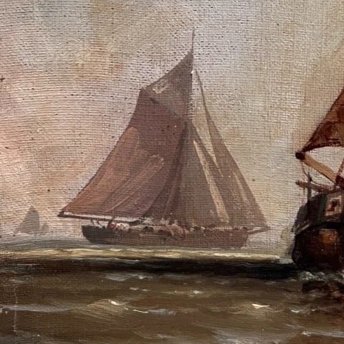 Antique Painting Original Landscape, Seaview, Boats, Seascape People signed - 3