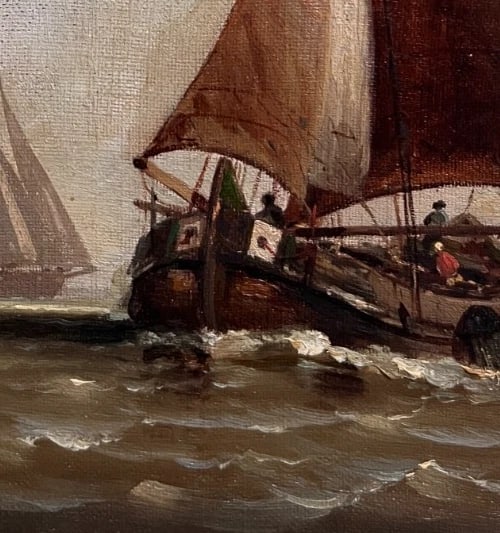Antique Painting Original Landscape, Seaview, Boats, Seascape People signed - 4