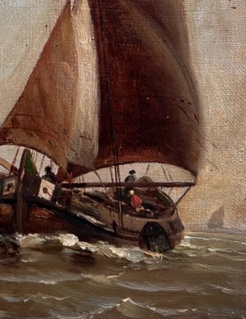 Antique Painting Original Landscape, Seaview, Boats, Seascape People signed - 5