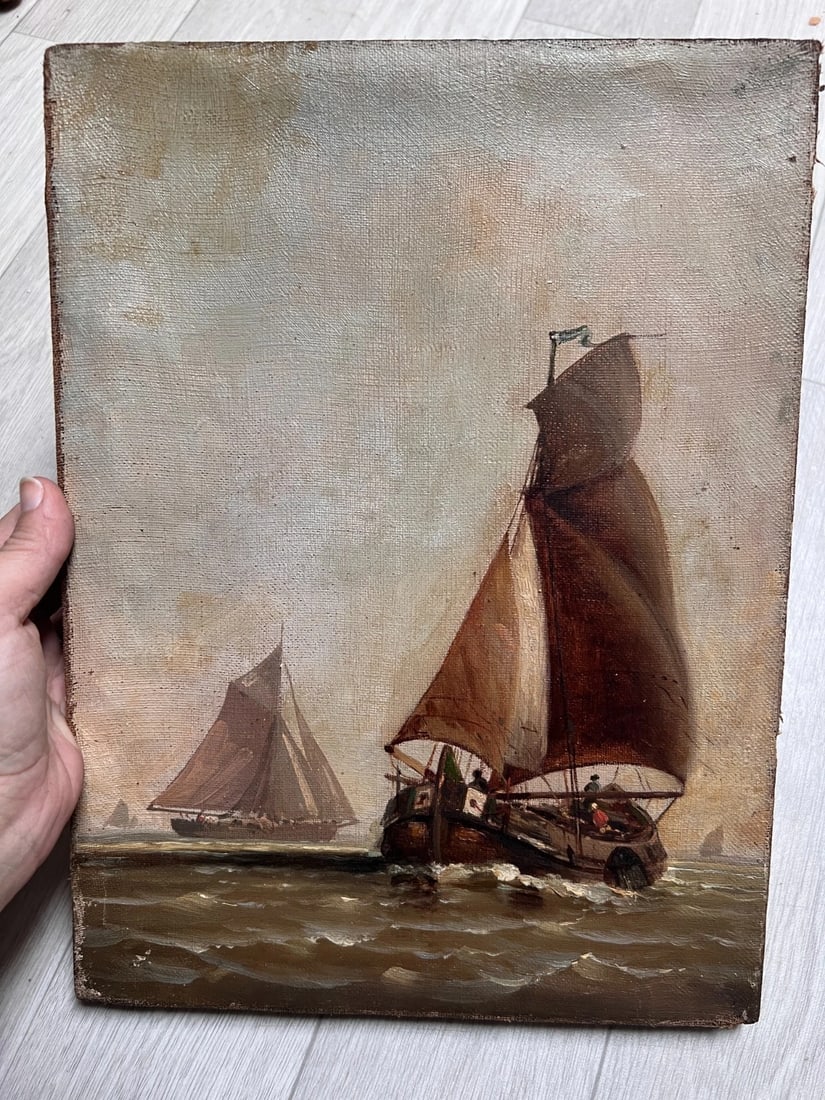 Antique Painting Original Landscape, Seaview, Boats, Seascape People signed - 7