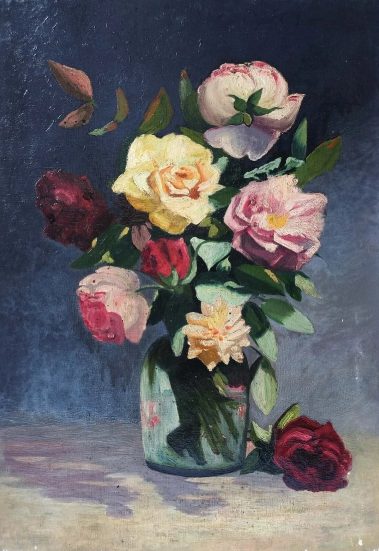 Pink and Yellow Flowers Bouquet Still Life - Antique Painting Original: Oil on canvas 46.5 x 55 cm / 18.30 x 21.65 inches unsigned Reserve: $250.00 Shipping: Domestic: Flat-rate of $60.00 to anywhere within the contiguous U.S. International: Foreign shipping rates are det