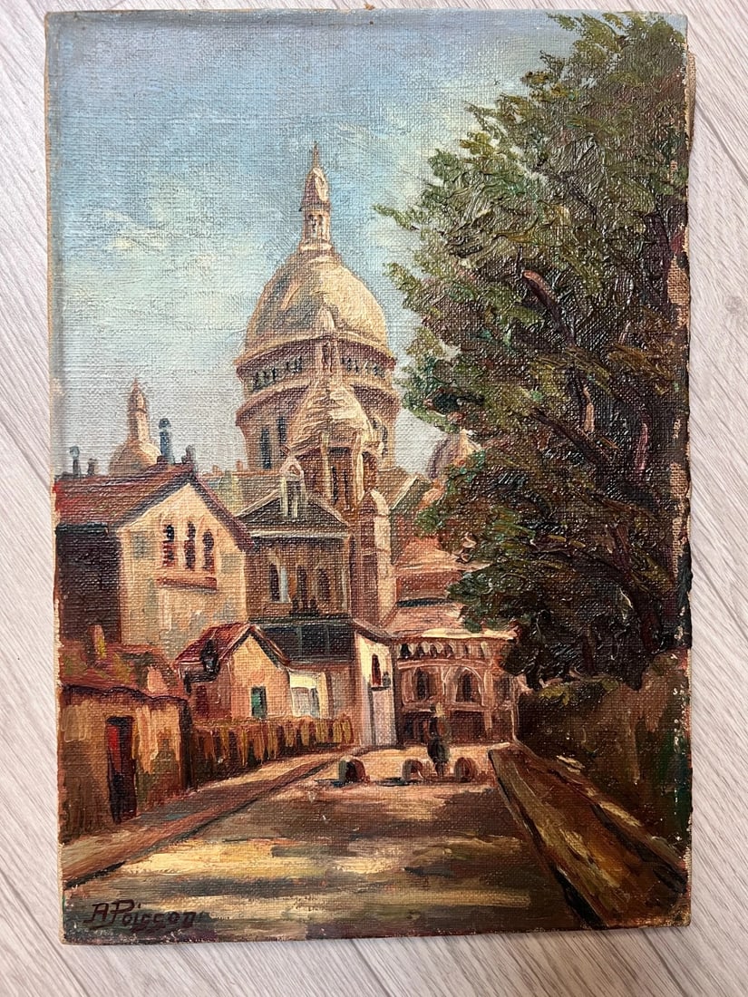 Vintage Oil Painting Cityview, Church by A. POISSON (XX) - 2