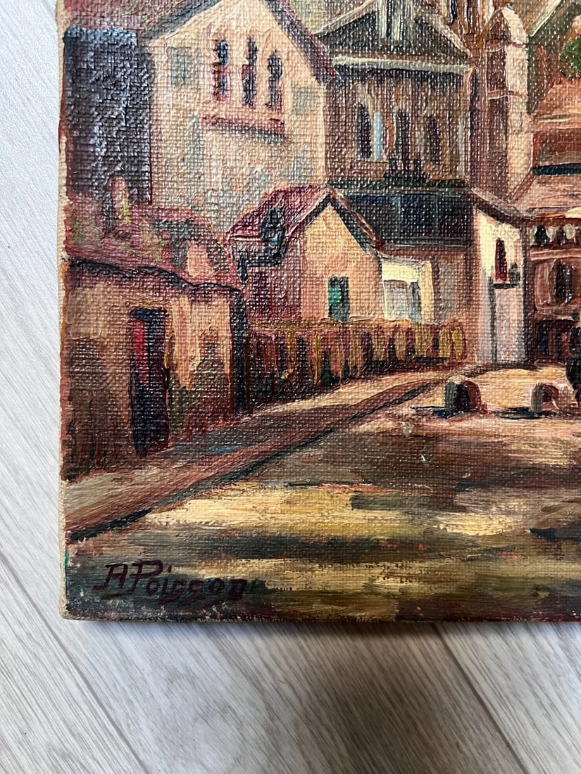 Vintage Oil Painting Cityview, Church by A. POISSON (XX) - 7