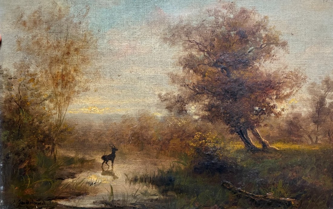 Antique Painting Original Landscape, Trees, Deer signed Antoine GUINDRAND: Description Oil on canvas 27.5 x 40.5 cm signed need to be cleaned Reserve: $400.00 Shipping: Domestic: Flat-rate of $60.00 to anywhere within the contiguous U.S. International: Foreign shipping