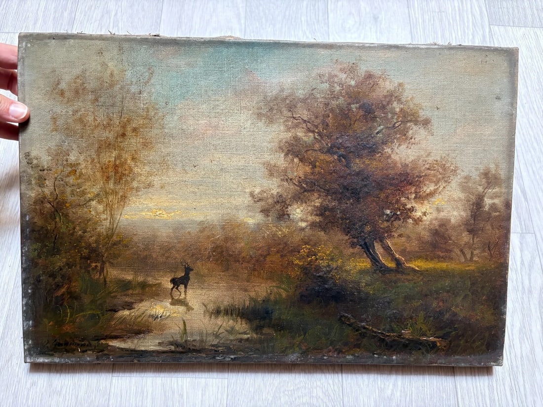 Antique Painting Original Landscape, Trees, Deer signed Antoine GUINDRAND - 2