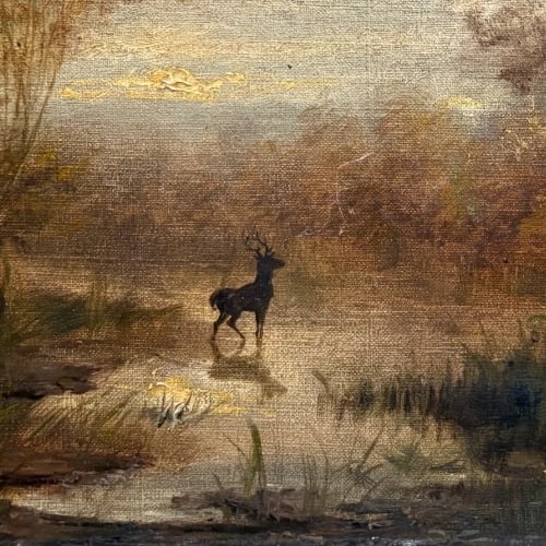 Antique Painting Original Landscape, Trees, Deer signed Antoine GUINDRAND - 3
