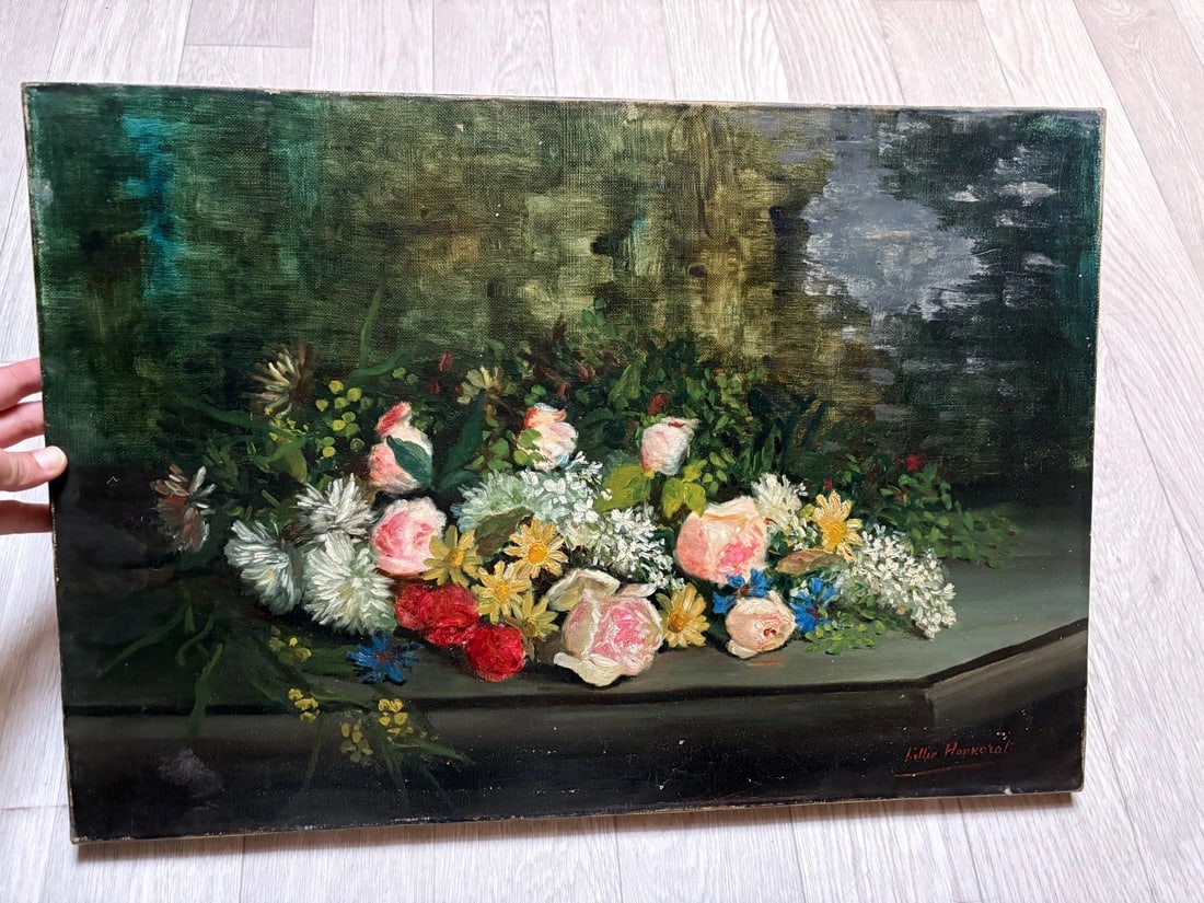 Antique Painting Original Flowers, Floral, Still Life signed Lillie HONNORAT - 2