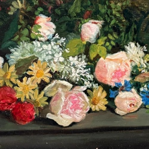 Antique Painting Original Flowers, Floral, Still Life signed Lillie HONNORAT - 4