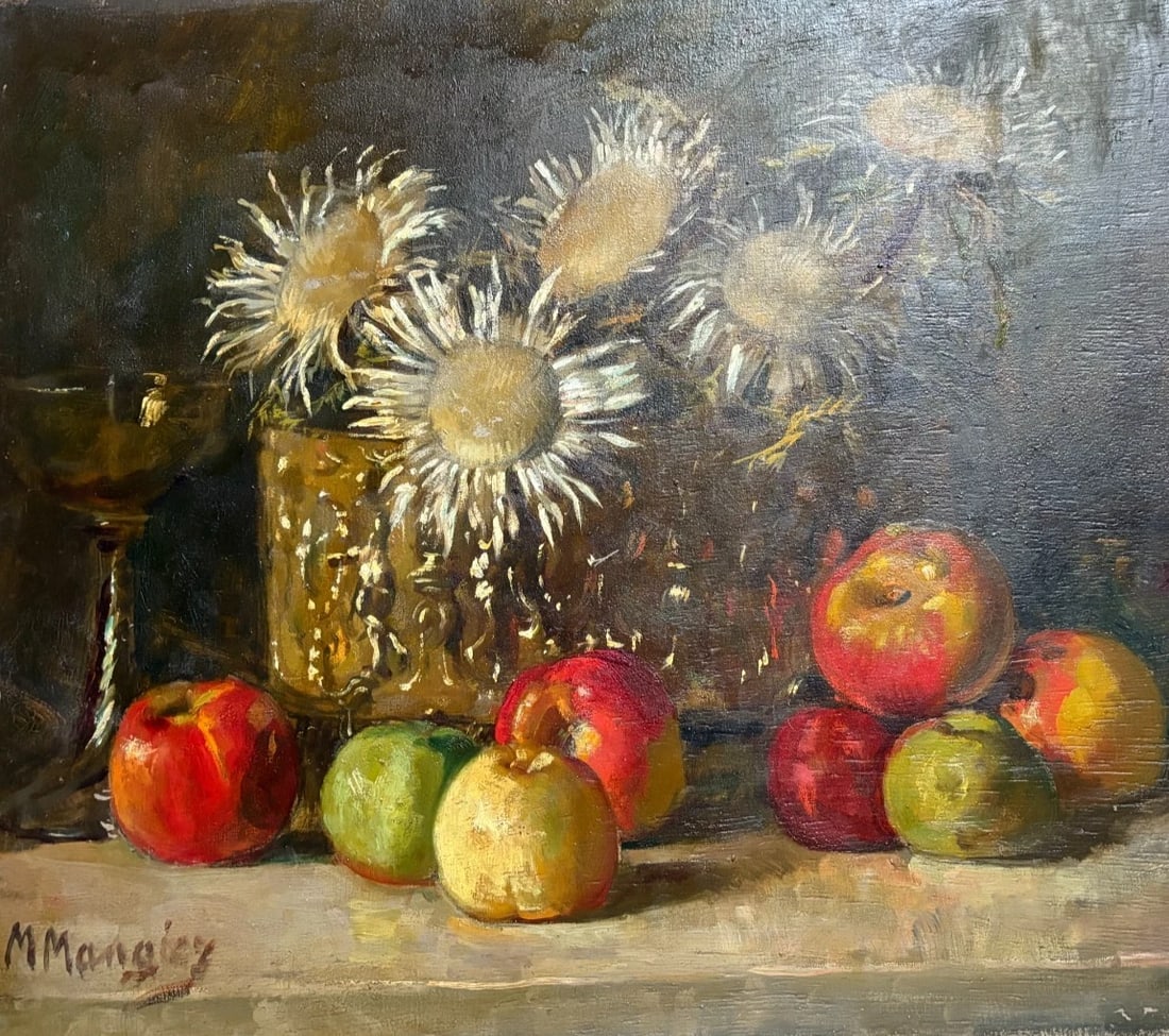 Antique Painting Original Flowers, Apples, Still Life signed Marius MANGIER: Oil on wood 46 x 55.5 cm / 18.11 x 21.85 inches signed Reserve: $300.00 Shipping: Domestic: Flat-rate of $60.00 to anywhere within the contiguous U.S. International: Foreign shipping rates are