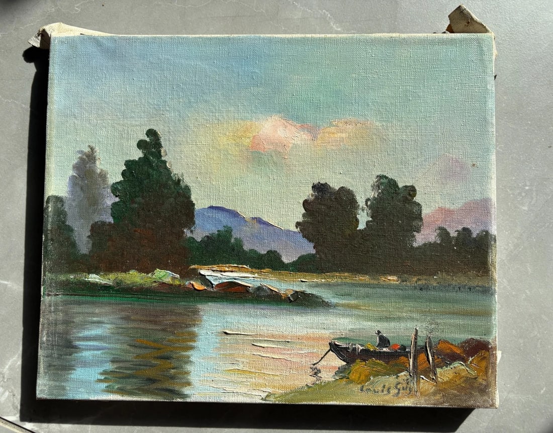Antique Painting Original Landscape, Mountain, Fisherman signed Louis GUY - 2