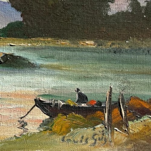 Antique Painting Original Landscape, Mountain, Fisherman signed Louis GUY - 3