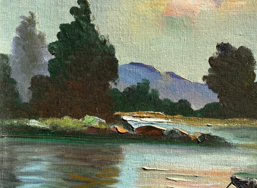 Antique Painting Original Landscape, Mountain, Fisherman signed Louis GUY - 5