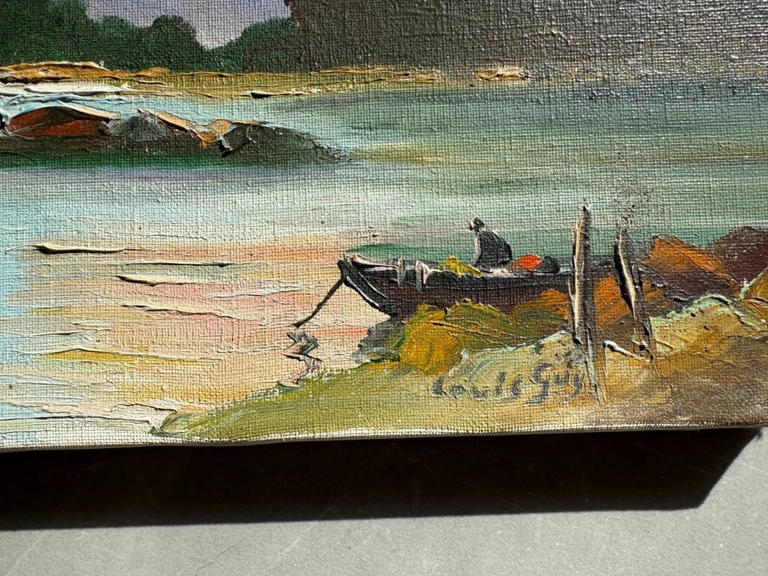 Antique Painting Original Landscape, Mountain, Fisherman signed Louis GUY - 7