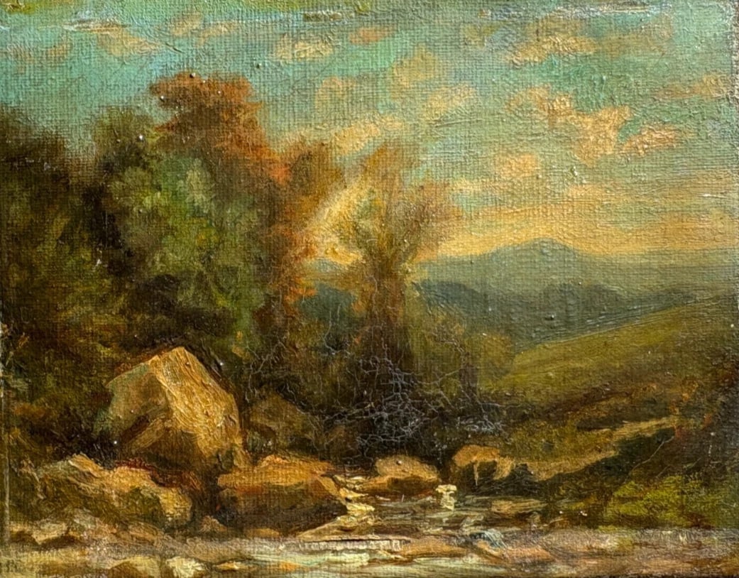 Antique Painting Original Landscape, Mountain, River, Forest 19th century: Description Oil on canvas 11 x 14.5 cm / 4.33 x 5.70 inches unsigned Reserve: $200.00 Shipping: Domestic: Flat-rate of $45.00 to anywhere within the contiguous U.S. International: Foreign shipping rat