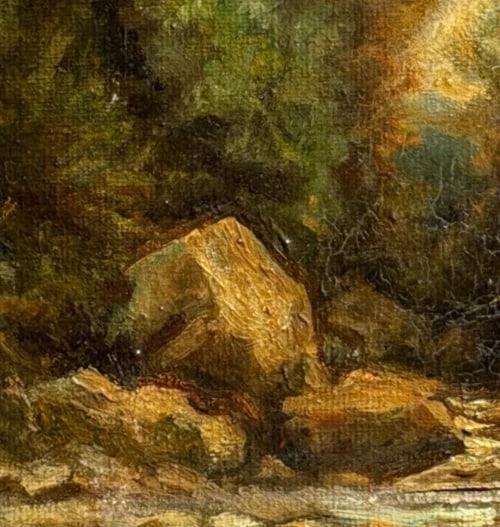Antique Painting Original Landscape, Mountain, River, Forest 19th century - 3