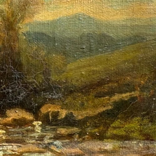 Antique Painting Original Landscape, Mountain, River, Forest 19th century - 4