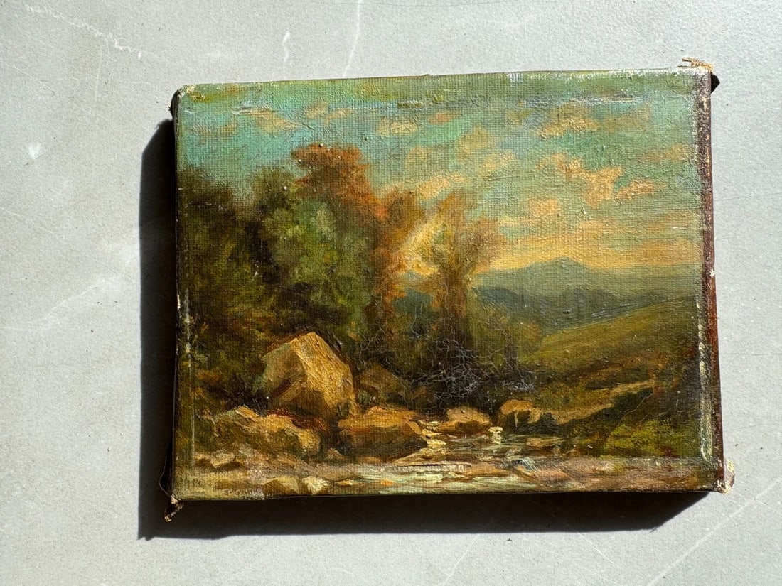 Antique Painting Original Landscape, Mountain, River, Forest 19th century - 7