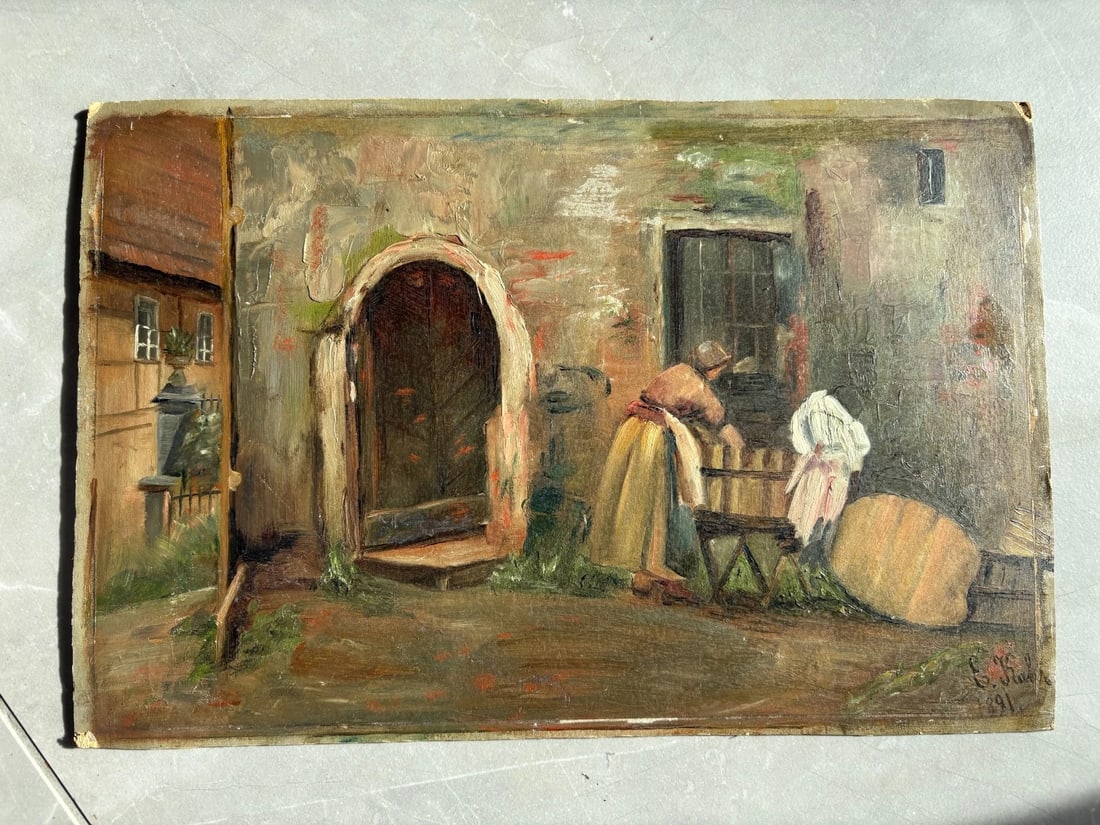 Antique Painting Original People, Cityview, Working Life 19th century - 6