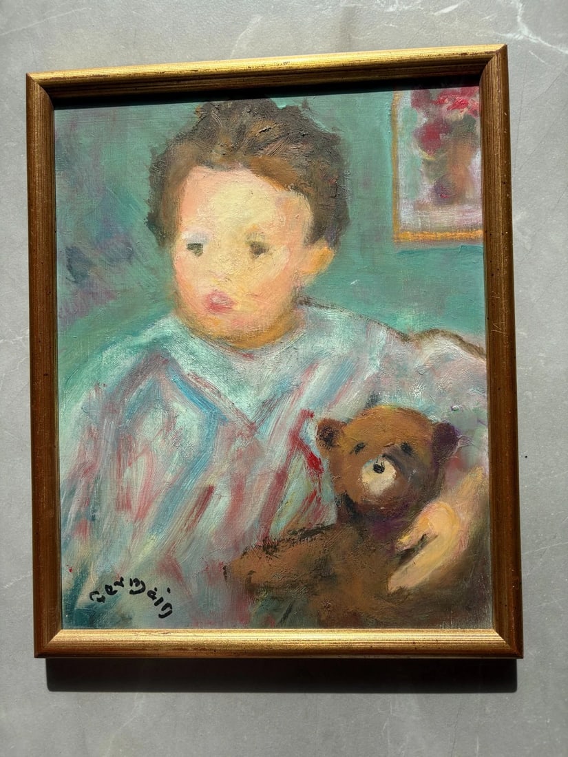 Antique Painting Original Portrait, People, Bear, Child, Boy signed - 2
