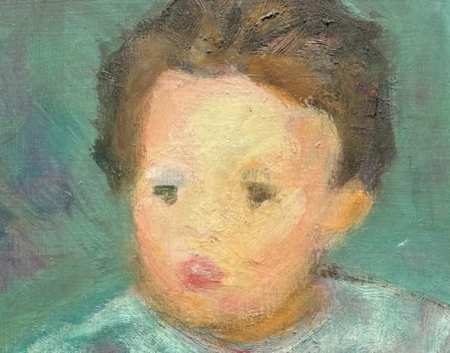 Antique Painting Original Portrait, People, Bear, Child, Boy signed - 3