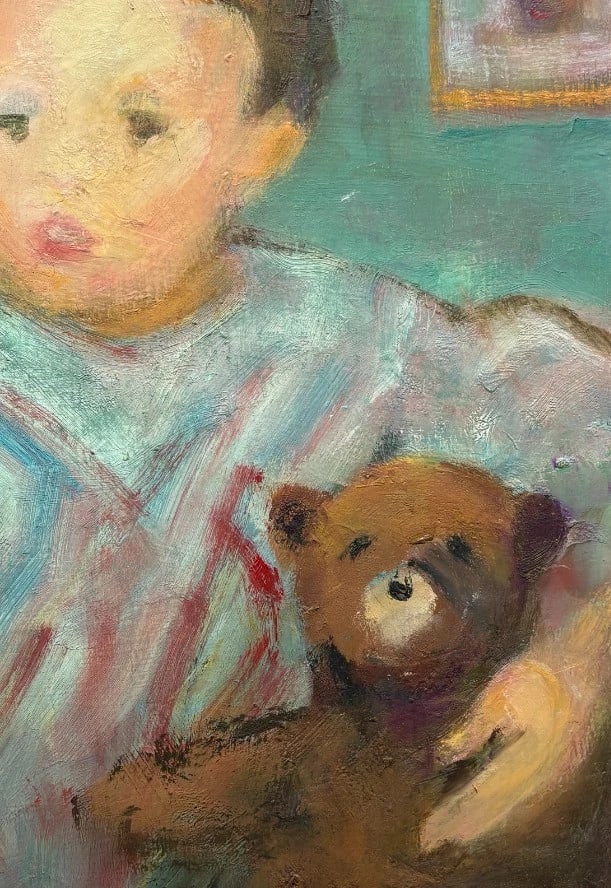 Antique Painting Original Portrait, People, Bear, Child, Boy signed - 4