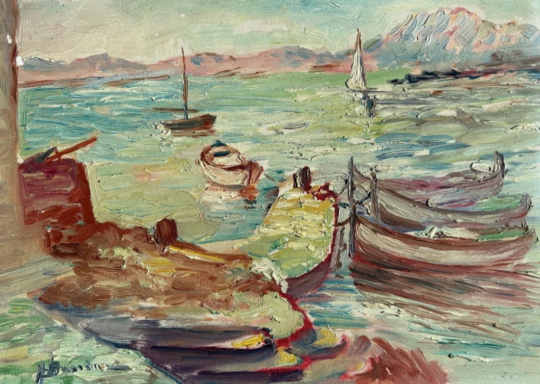 Antique Painting Original Sea, Landscape, Mountain, Fisherman, Baumette signed: Description Oil on cardboard 24 x 33 cm / 9.44 x 12.99 inches signed Reserve: $120.00 Shipping: Domestic: Flat-rate of $45.00 to anywhere within the contiguous U.S. International: Foreign shipping