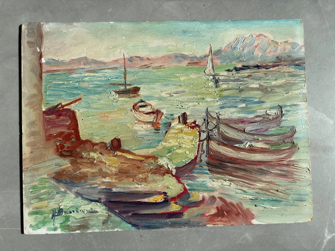 Antique Painting Original Sea, Landscape, Mountain, Fisherman, Baumette signed - 2