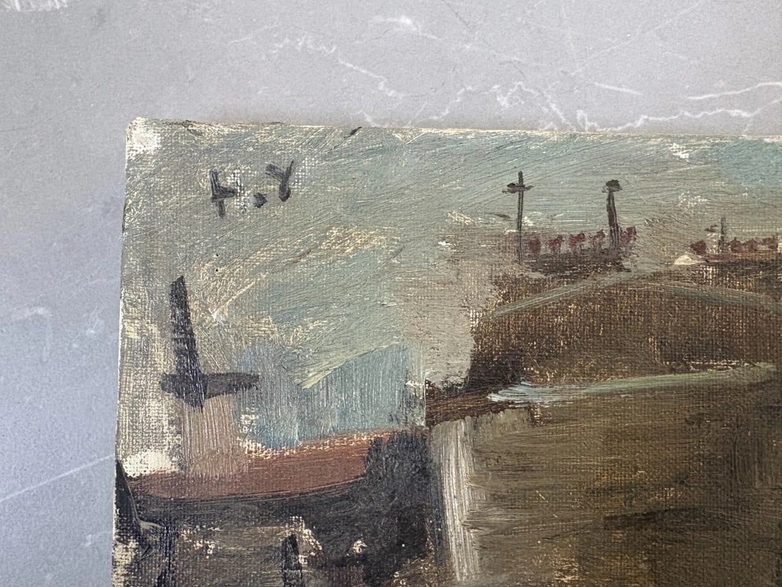 Vintage Oil Painting Maritime Cityview, Boat, City signed, Seascape - 6