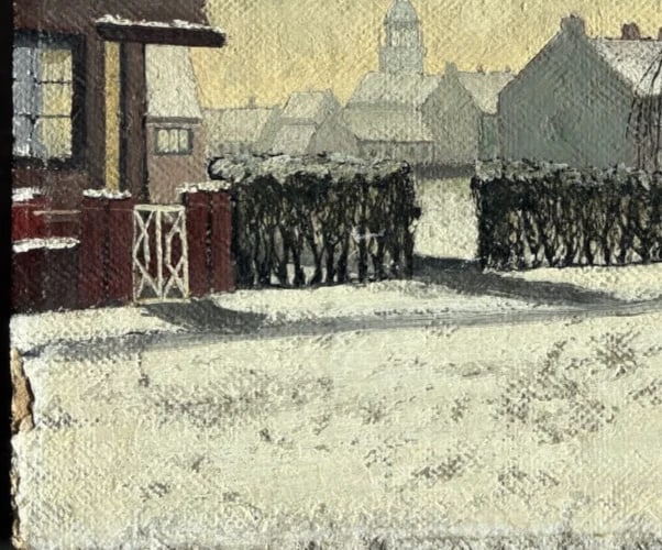 Antique Original Painting Landscape Winter Dog, Sheeps - 5
