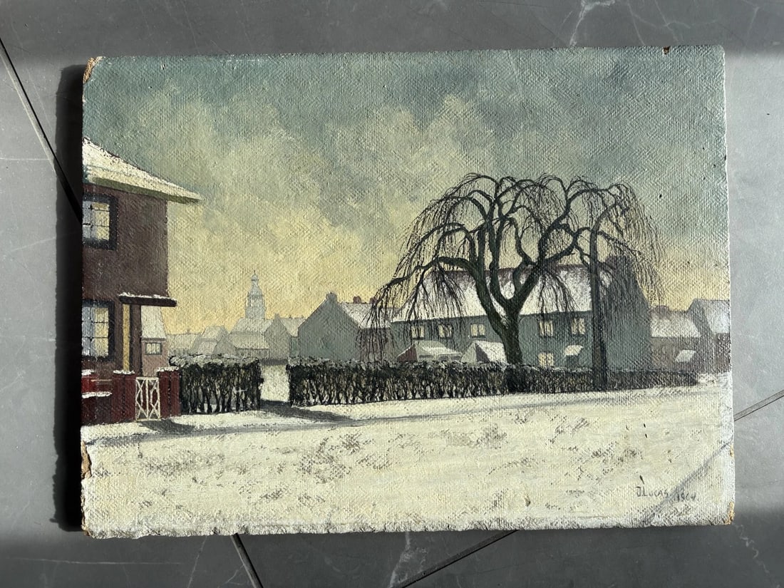 Antique Original Painting Landscape Winter Dog, Sheeps - 7