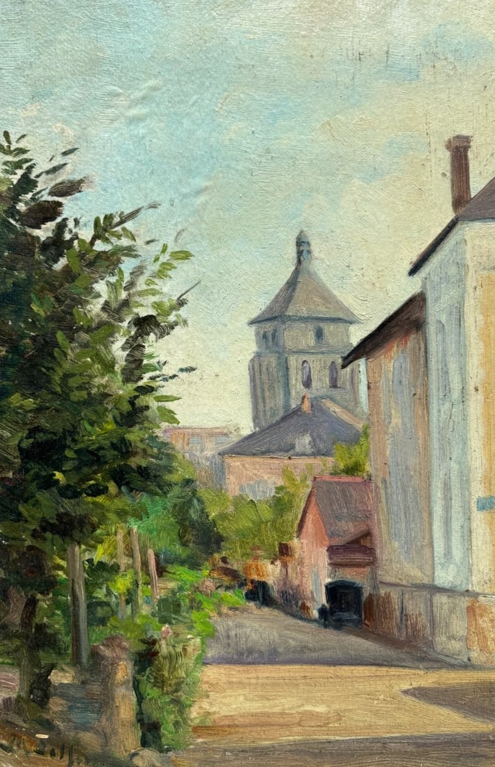Antique Original Painting Signed Landscape, Cityview, Church, Trees signed: Description Oil on cardboard 34 x 25 cm / 13.38 x 9.84 inches damaged Reserve: $150.00 Shipping: Domestic: Flat-rate of $45.00 to anywhere within the contiguous U.S. International: Foreign shipping