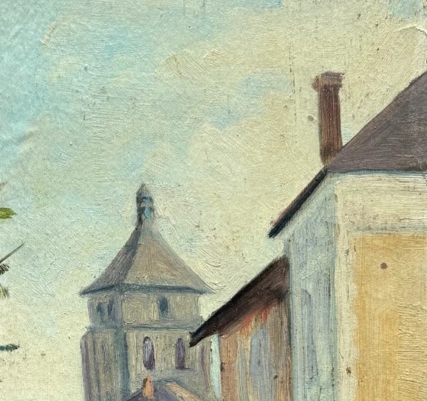 Antique Original Painting Signed Landscape, Cityview, Church, Trees signed - 4