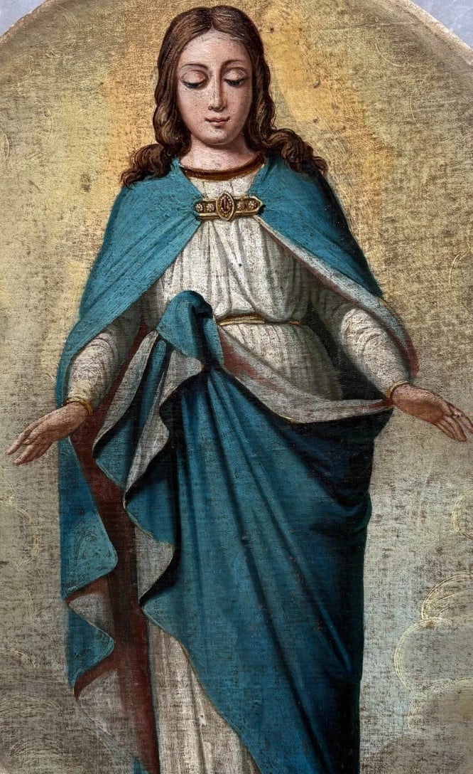 Antique Spanish Painting Mary Magdalene in a Mandorla 18th: Oil cardboard 40 x 32 cm / 15.74 x 12.59 inches unsigned Reserve: $500.00 Shipping: Domestic: Flat-rate of $45.00 to anywhere within the contiguous U.S. International: Foreign shipping rates are