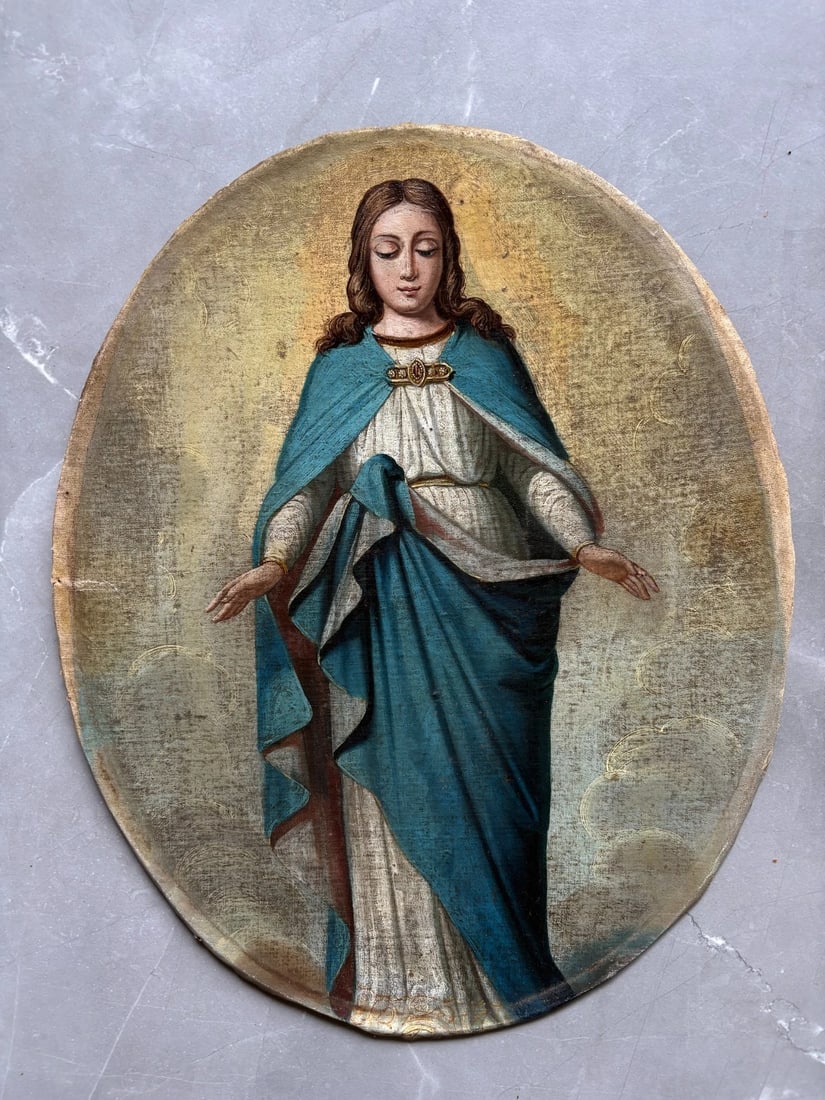 Antique Spanish Painting Mary Magdalene in a Mandorla 18th - 7