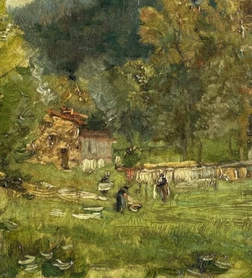Antique Original Painting Signed Landscape, Trees, Forest, House, Nature - 3